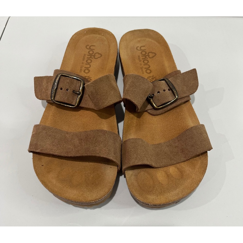 Yokono Leather Sandals Women's Buckle Suede Strap Slides Cork Footbed Tan Brown - Picture 4 of 7
